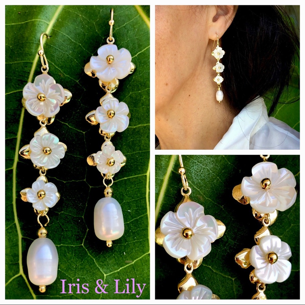 IRIS & LILY JEWELLERY  Freshwater pearl drop floral earrings